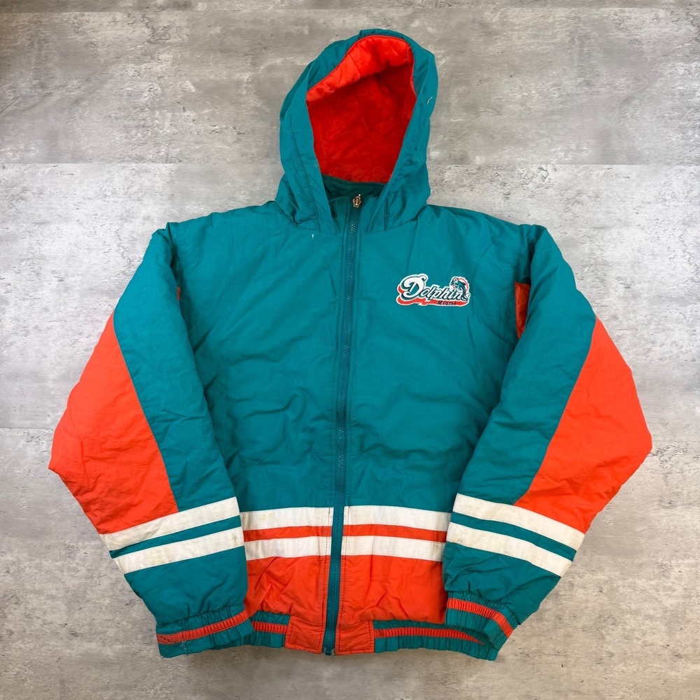 Vintage Miami Dolphins NFL Kids Mighty-Mac Puffer Jacket Teal Orange Size 16-18